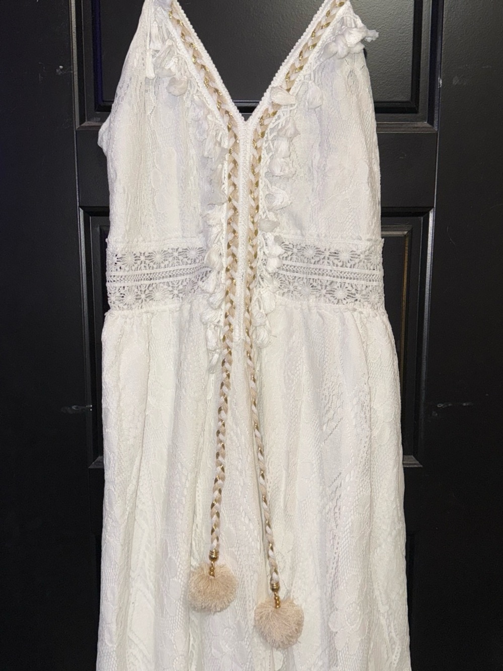 White Lace Boho Maxi Dress with Tassel Detail